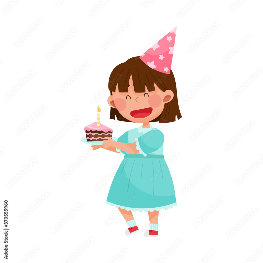 Girl Character in Birthday Hat and Dress Carrying Cake with Candle Vector Illustration Girl Character in Birthday Hat and Dress Carrying Cake with Candle Vector Illustration