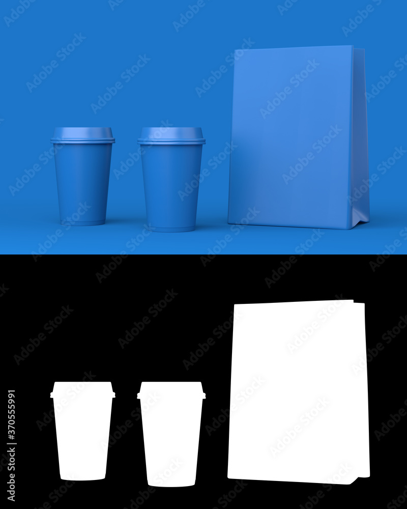 Two disposable plastic cups and paper bag standing in a row. Mockup for your design. 3d illustration rendering. Alpha Channel mask. Two disposable plastic cups and paper bag standing in a row. Mockup for your design. 3d illustration rendering. Alpha Channel mask.