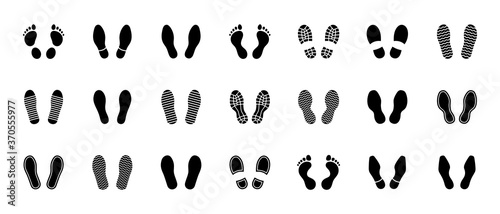 Flat linear design. Different human footprints. Black silhouettes isolated on white background. Vector illustration