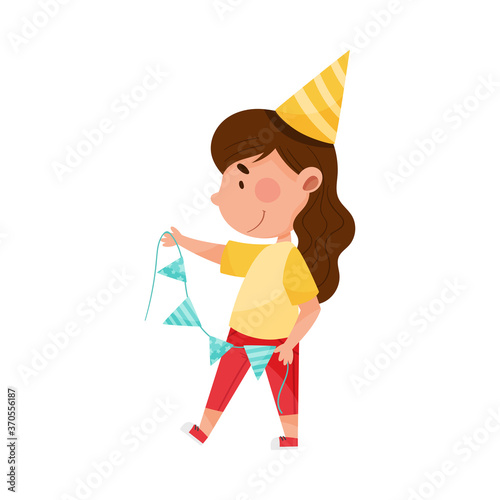 Girl Character in Birthday Hat Holding Flag Garland Vector Illustration