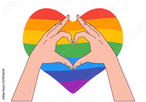 Heart Shaped Hands with rainbow colors of LGBT, the symbol of lesbian, gay, bisexual, transgender, and queer. Flat design vector illustration.