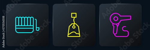 Set line Sauna bucket and ladle, Hair dryer and Tea bag. Black square button. Vector.