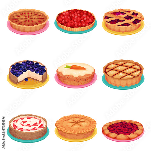 Sweet Homemade Pies with Filling and Crusts Made of Shortcrust Pastry Vector Set