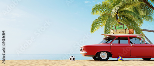Red car with luggage on top at the sand beach, 3D summer background concept