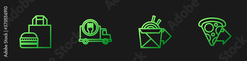 Set line Online ordering noodles delivery, burger, Fast by car and pizza. Gradient color icons. Vector.