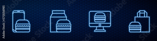 Set line Online ordering and delivery, , burger and . Glowing neon icon on brick wall. Vector.