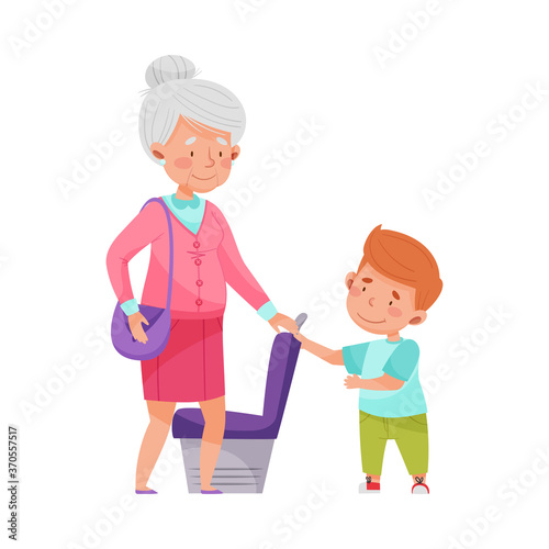 Polite Boy Yielding a Seat to Senior Woman in Public Transport Vector Illustration