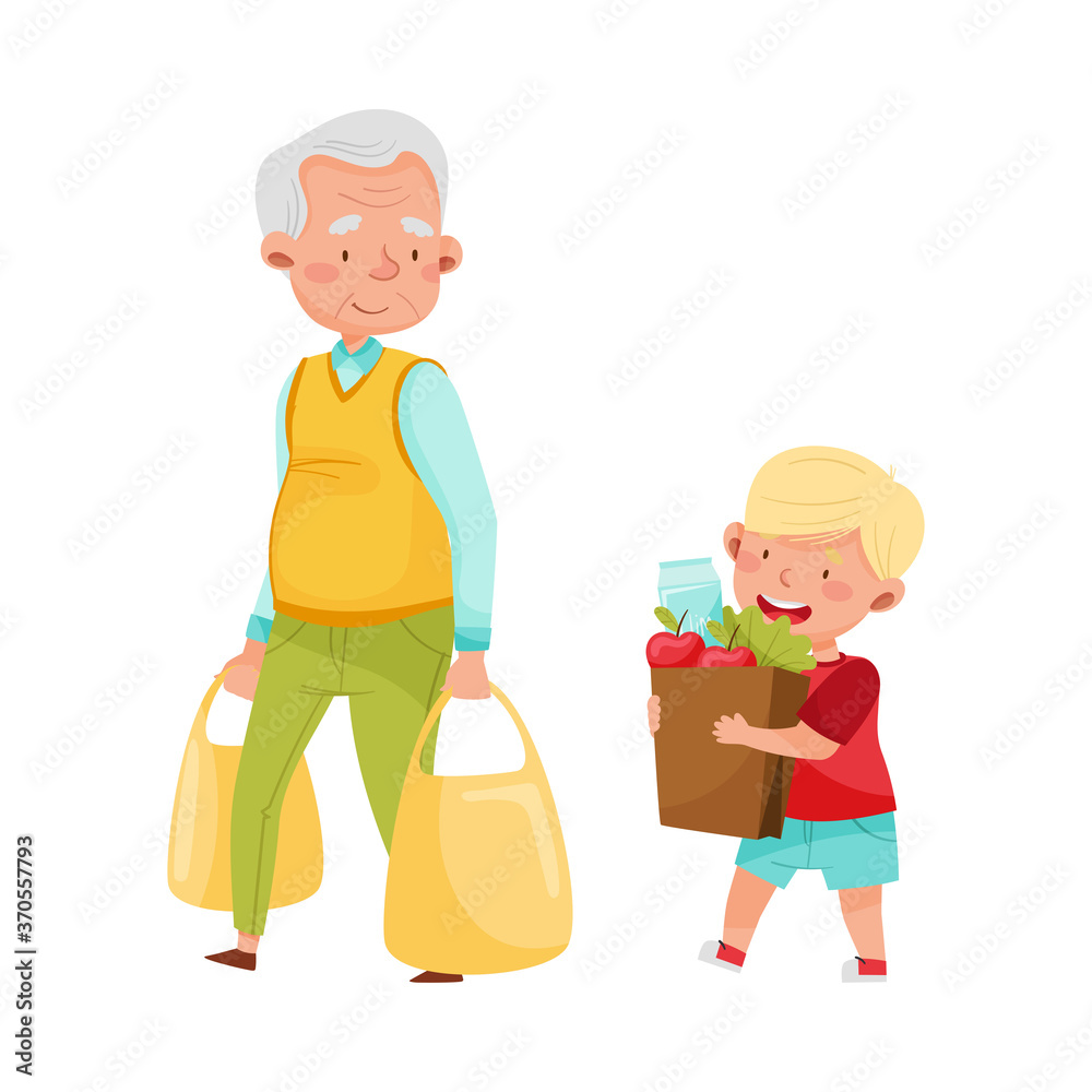 Polite Boy Carrying Shopping Bag Helping Senior Man Vector Illustration Polite Boy Carrying Shopping Bag Helping Senior Man Vector Illustration