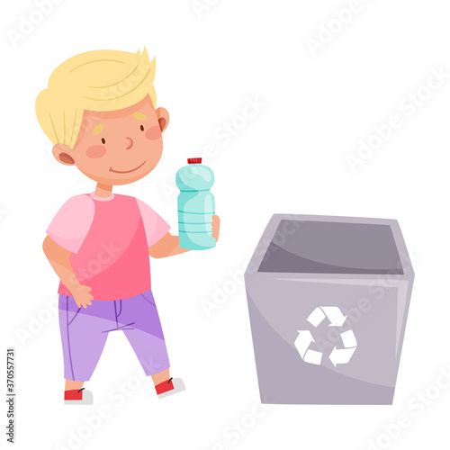 Little Boy Throwing Plastic Bottle in Trash Bin Vector Illustration