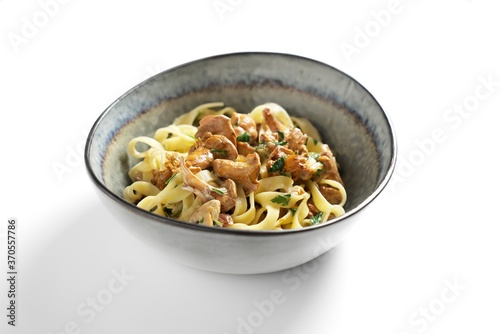 Pasta with mushrooms in a creamy sauce. Linguini with chanterelles.