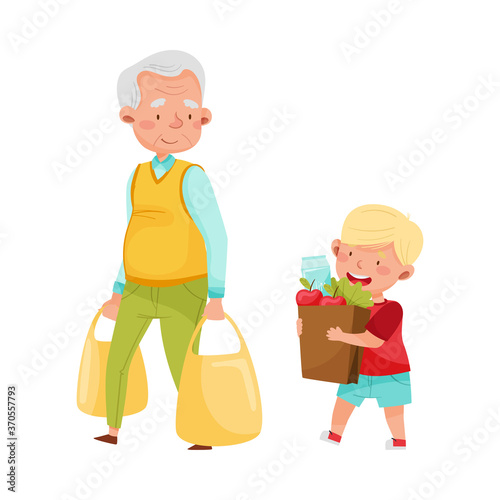 Polite Boy Carrying Shopping Bag Helping Senior Man Vector Illustration