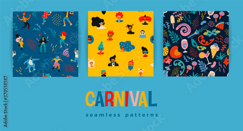 Vector seamless patterns with funny dancing men and women in bright modern costumes, carnival objects and abstract shapes.
