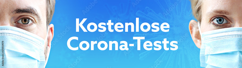 Kostenlose Corona-Tests. Gesichter von Mann und Frau mit Mundschutz. Paar mit Maske vor blauen Hintergrund mit Text. Virus, Atemmaske, Corona Kostenlose Corona-Tests. Gesichter von Mann und Frau mit Mundschutz. Paar mit Maske vor blauen Hintergrund mit Text. Virus, Atemmaske, Corona