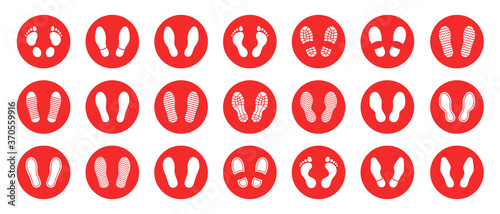 Flat linear design. Different human footprints. Black silhouettes isolated on white background. Vector illustration
