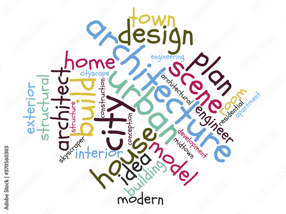 Architecture word cloud. Architectural concept. Collage made of words. Vector colorful illustration. Isolated on white background.
