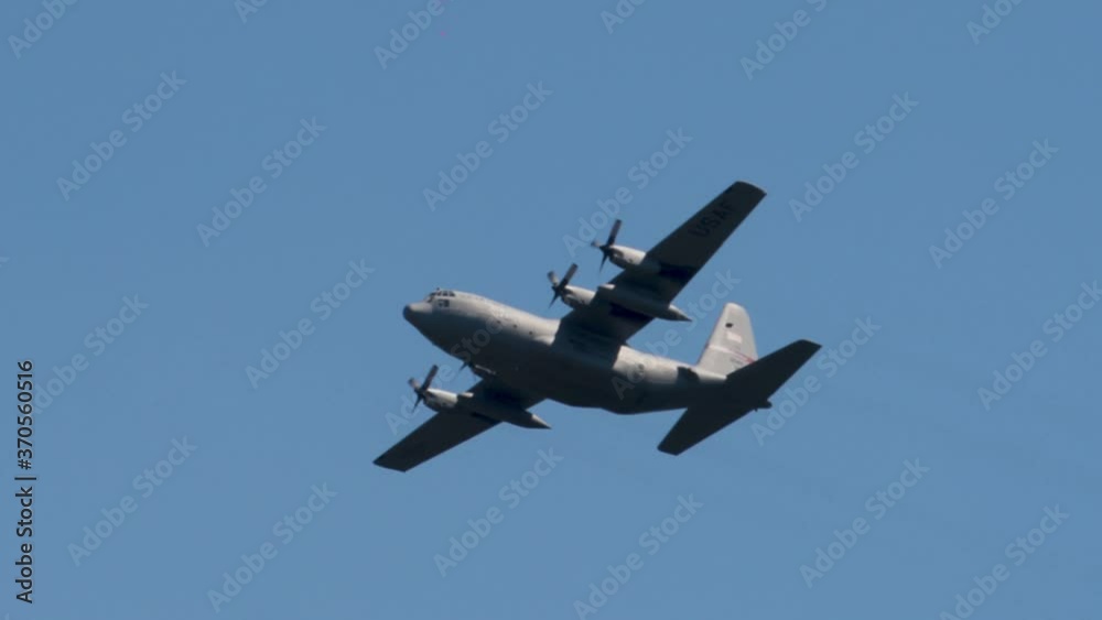 Pirmasens, Germany - AUG 06, 2020: Lockheed C-130H Hercules USAF in a training flight over southern Germany Pirmasens, Germany - AUG 06, 2020: Lockheed C-130H Hercules USAF in a training flight over southern Germany