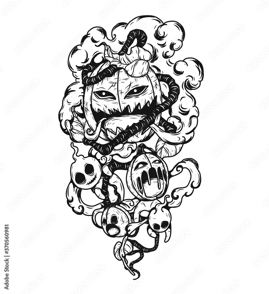 halloween pumpkin with ghost vector tattoo by hand drawing.Beautiful line art on white background.Black and white graphics design art highly detailed in line art style.
