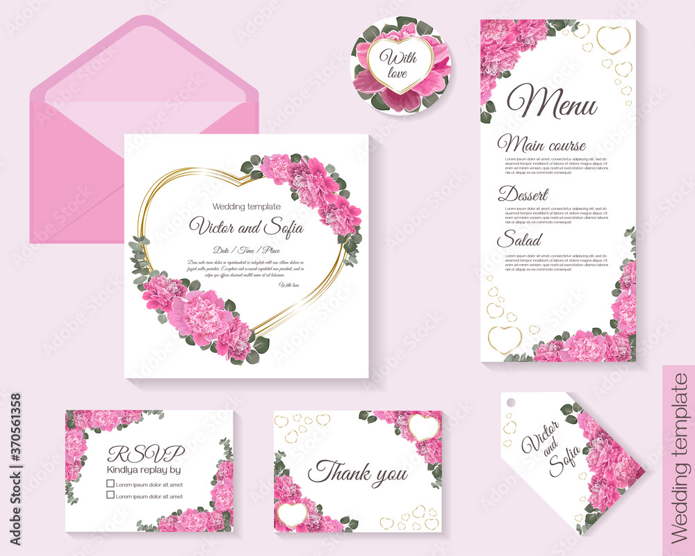 Floral design for wedding. Pink peonies, golden heart frame, eucalyptus, green leaves. Invitation, round card, rsvp, thank you, menu, label.