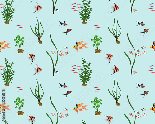 Seamless pattern with freshwater fishes and water plants in colour image. Species of fish: swordtail, barbus, altum angelfish, tetra neon, ram cichlid