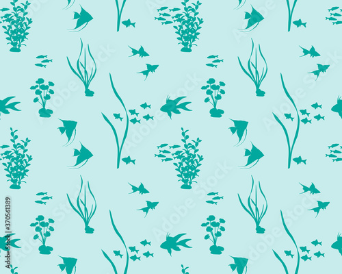 Seamless pattern with freshwater fishes and water plants in silhouette. Species of fish: swordtail, barbus, altum angelfish, tetra neon, ram cichlid