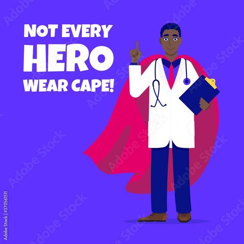 Young adult doctor hospital medical employee with hero cape behind fights against diseases and viruses on frontline flat style vector illustration. Doctor physician medical clinic staff new hero.