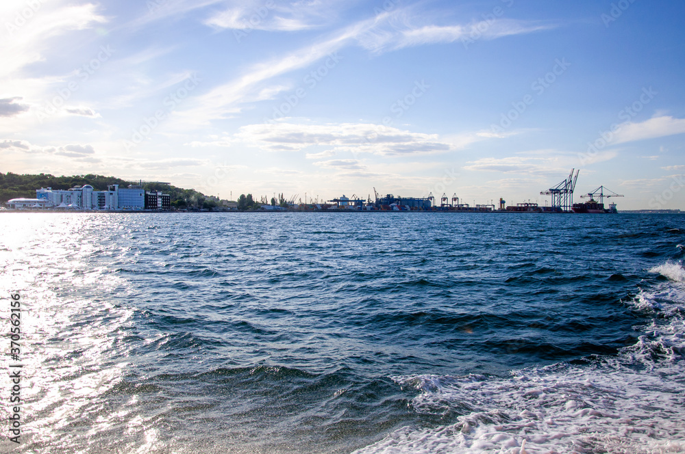 Beautiful horizon on the sea. Waves. Sunny day at sea.