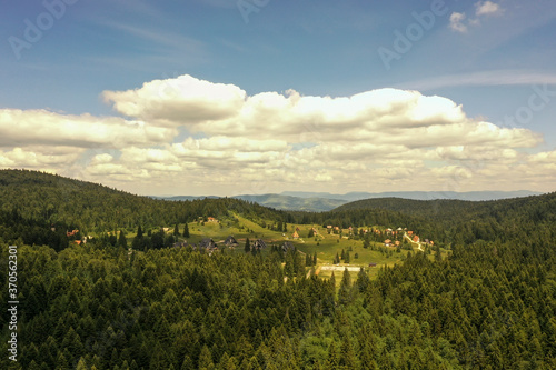 Aerial view at mountain forest on a summer day