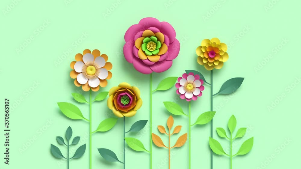 Colorful paper flowers and green leaves growing, appearing on pastel mint background. Decorative floral arrangement, spring bouquet diy craft project. Festive botanical background.