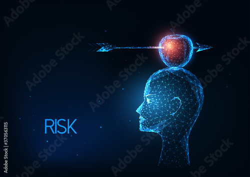 Futuristic risk management, business concept with glowing low polygonal head with apple and arrow