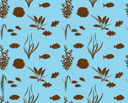 Seamless pattern with marine fishes and water plants in silhouette. Species of fish: butterflyfish, angelfish, surgeonfish (tang), unicornfish, clownfish, sergeant major