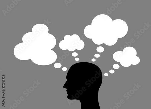Overthink / Creativity - human and man is thinking too much or creative thinking with many ideas - cartoon bubble and comic balloon around head.  Mental process. Vector illustration