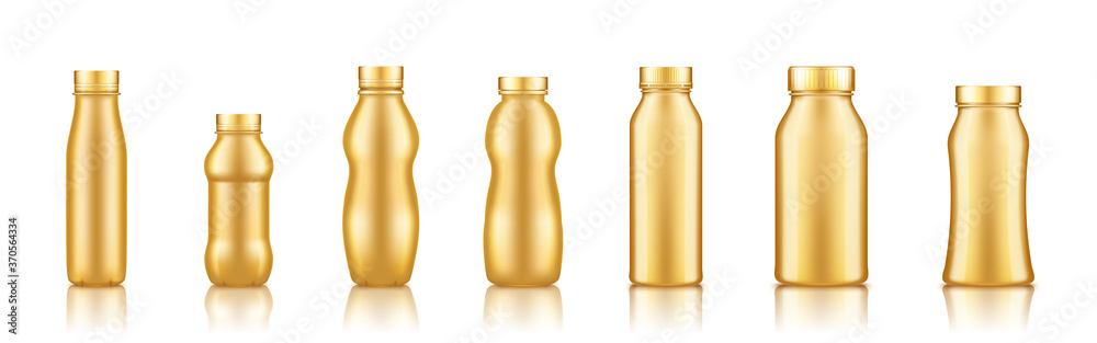 Yogurt, milk, juice or shampoo golden plastic bottle set mockup isolated on white background. Package design. Blank food, cosmetic or detergent product. Container template. 3d vector illustration