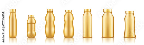 Yogurt, milk, juice or shampoo golden plastic bottle set mockup isolated on white background. Package design. Blank food, cosmetic or detergent product. Container template. 3d vector illustration