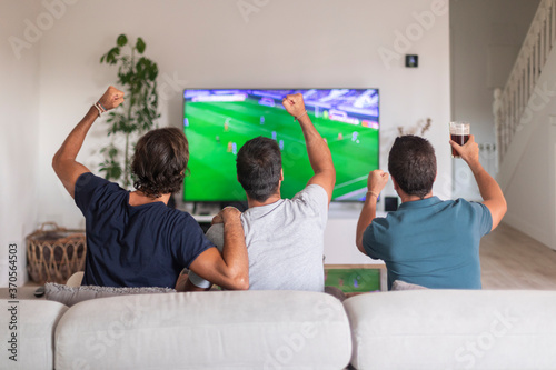 Group of friends watching a game on tv celebrating the victory of their team