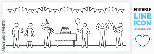 Editable line illustration of a birthday party or event. Part of a huge set of editable line icons and stick figures! 