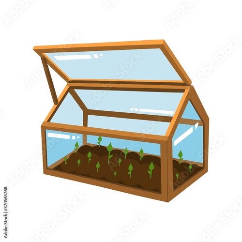Greenhouse vector illustration isolated on white background. Glass greenhouse where young shoots germinate. Growing seedlings.