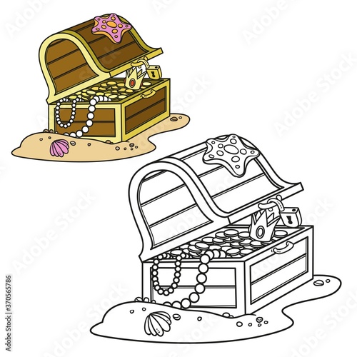 Open treasure chest at the bottom coloring book linear drawing isolated on white background