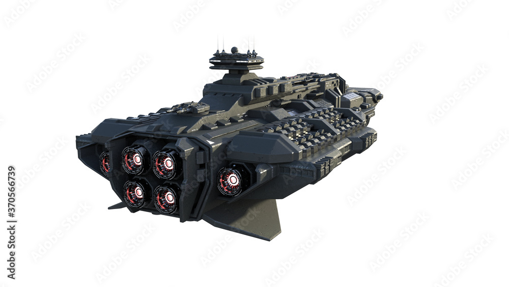 Alien spaceship in flight, UFO spacecraft isolated on white background, rear view, 3D rendering Alien spaceship in flight, UFO spacecraft isolated on white background, rear view, 3D rendering