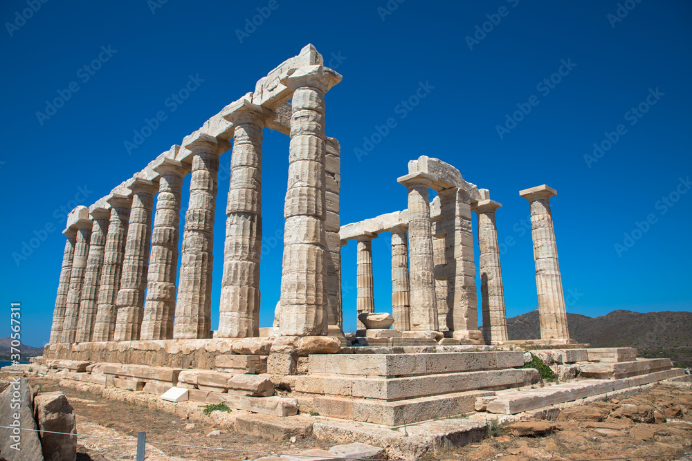 The Temple of Poseidon, dating back to 440 B.C, Cape Sounion, the southernmost point of the Attica peninsula, Greece The Temple of Poseidon, dating back to 440 B.C, Cape Sounion, the southernmost point of the Attica peninsula, Greece