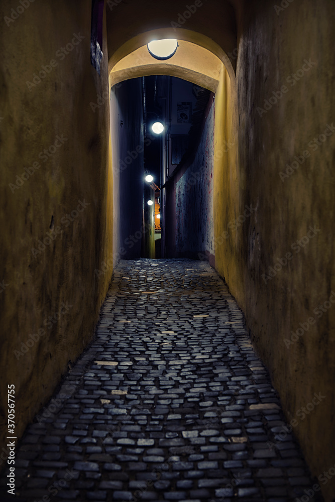 Old European street after dark. Brasov,Romania