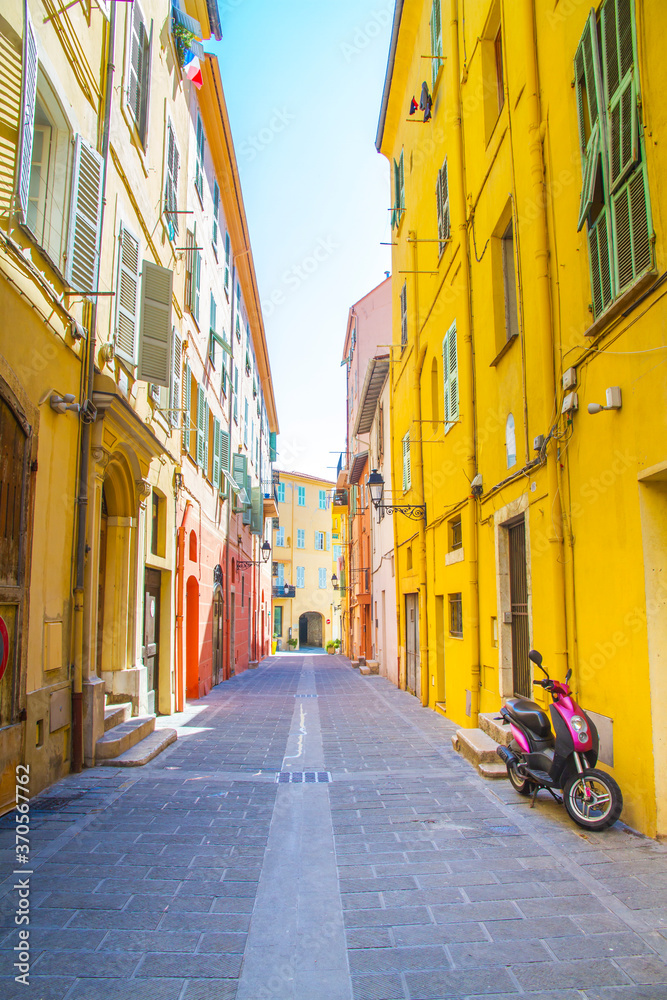Colorful buildings in the mediaeval town of Menton, French Riviera city in the Mediterranean, France.