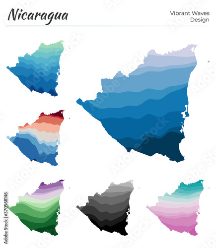 Set of vector maps of Nicaragua. Vibrant waves design. Bright map of country in geometric smooth curves style. Multicolored Nicaragua map for your design. Classy vector illustration.