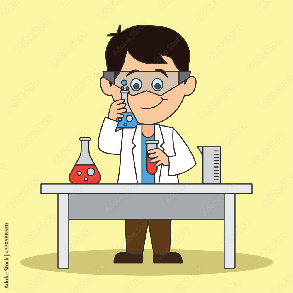 scientist man doing research and analysis in a laboratory. cartoon character. vector illustration