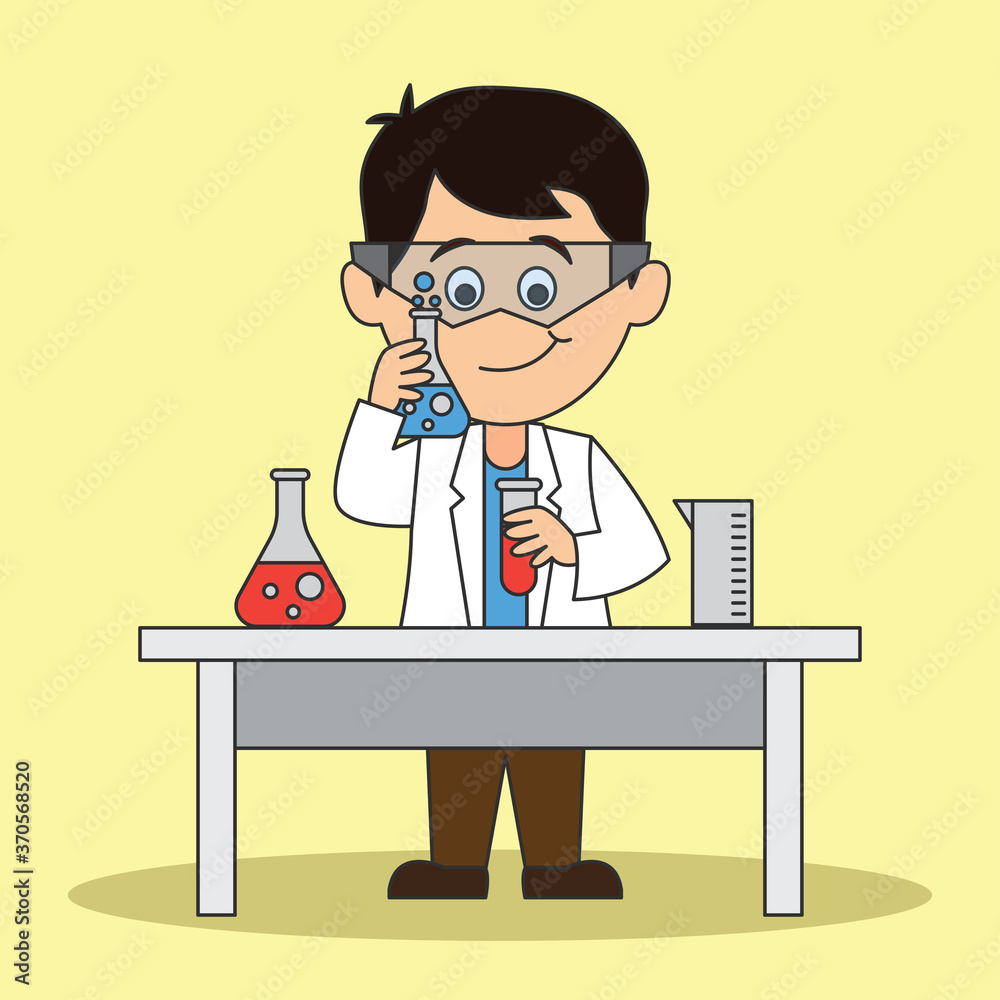 scientist man doing research and analysis in a laboratory. cartoon character. vector illustration scientist man doing research and analysis in a laboratory. cartoon character. vector illustration