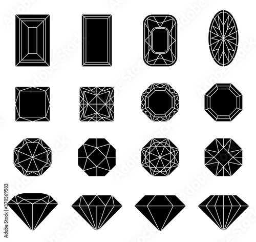 Black diamond collection icons. Linear outline sign. Diamond jewelry icons