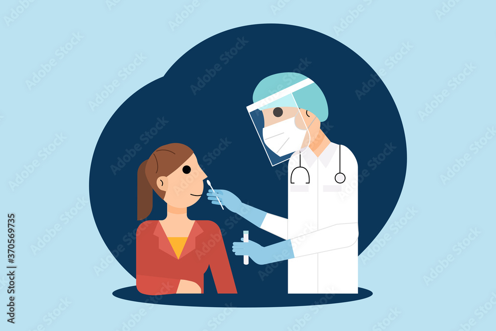 A woman taking covid19. A doctor in a protective suit taking a nasal swab probe from a person to test for possible coronavirus infection.  Illustration Cartoon Flat Vector Icon sign symbol.