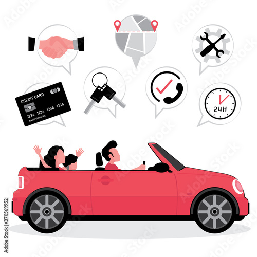 car rental insurance feature family drive a car with a picture of credit card, keys, map and service