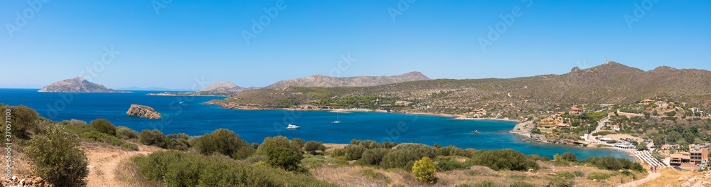 The view from the Temple of Poseidon, Cape Sounion, the southernmost point of the Attica peninsula, Greece The view from the Temple of Poseidon, Cape Sounion, the southernmost point of the Attica peninsula, Greece