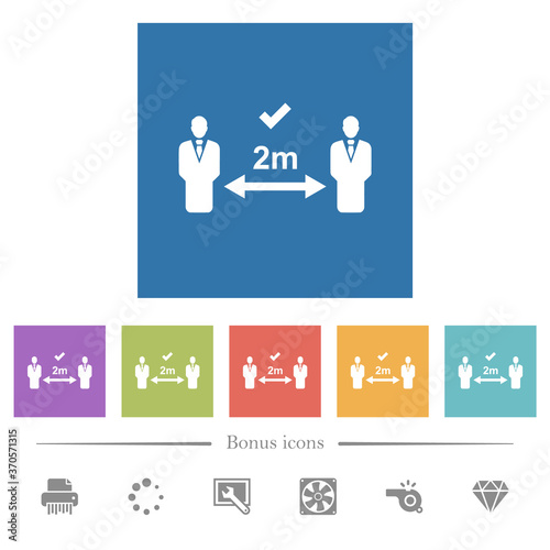 Correct social distancing flat white icons in square backgrounds