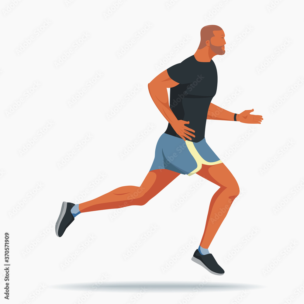 Fototapeta premium A strong-built man in sports shoes, shorts and a T-shirt with a watch on his arm is running. Bearded athlete with short hair jogging. Vector flat design illustration.